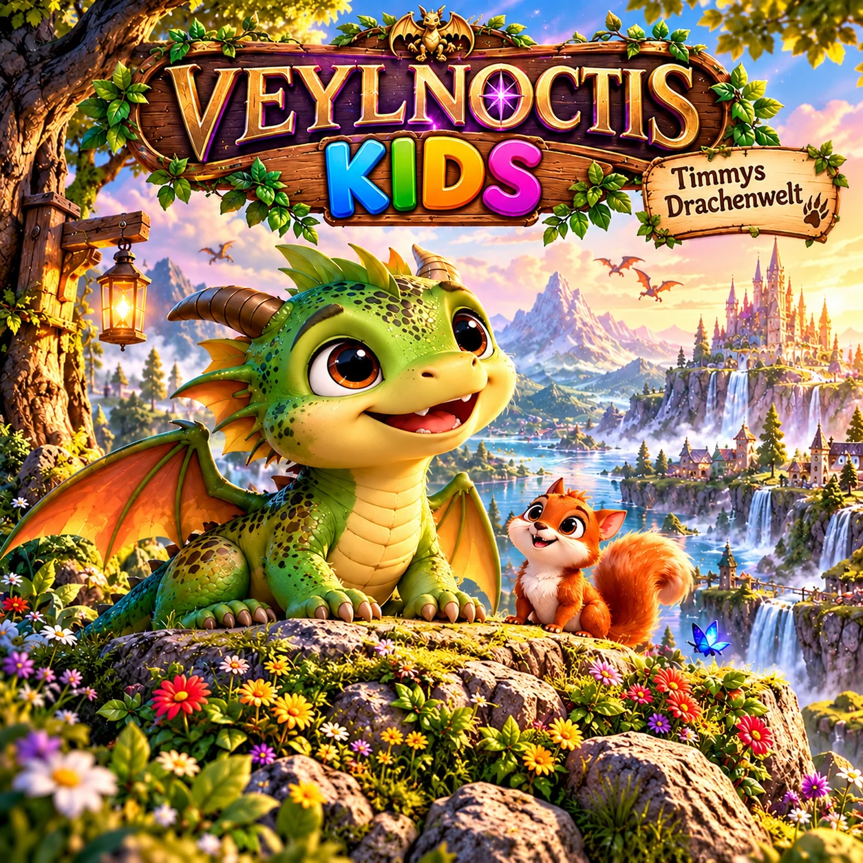 Timmy, der kleine grüne Drache, im sonnigen Zaubertal